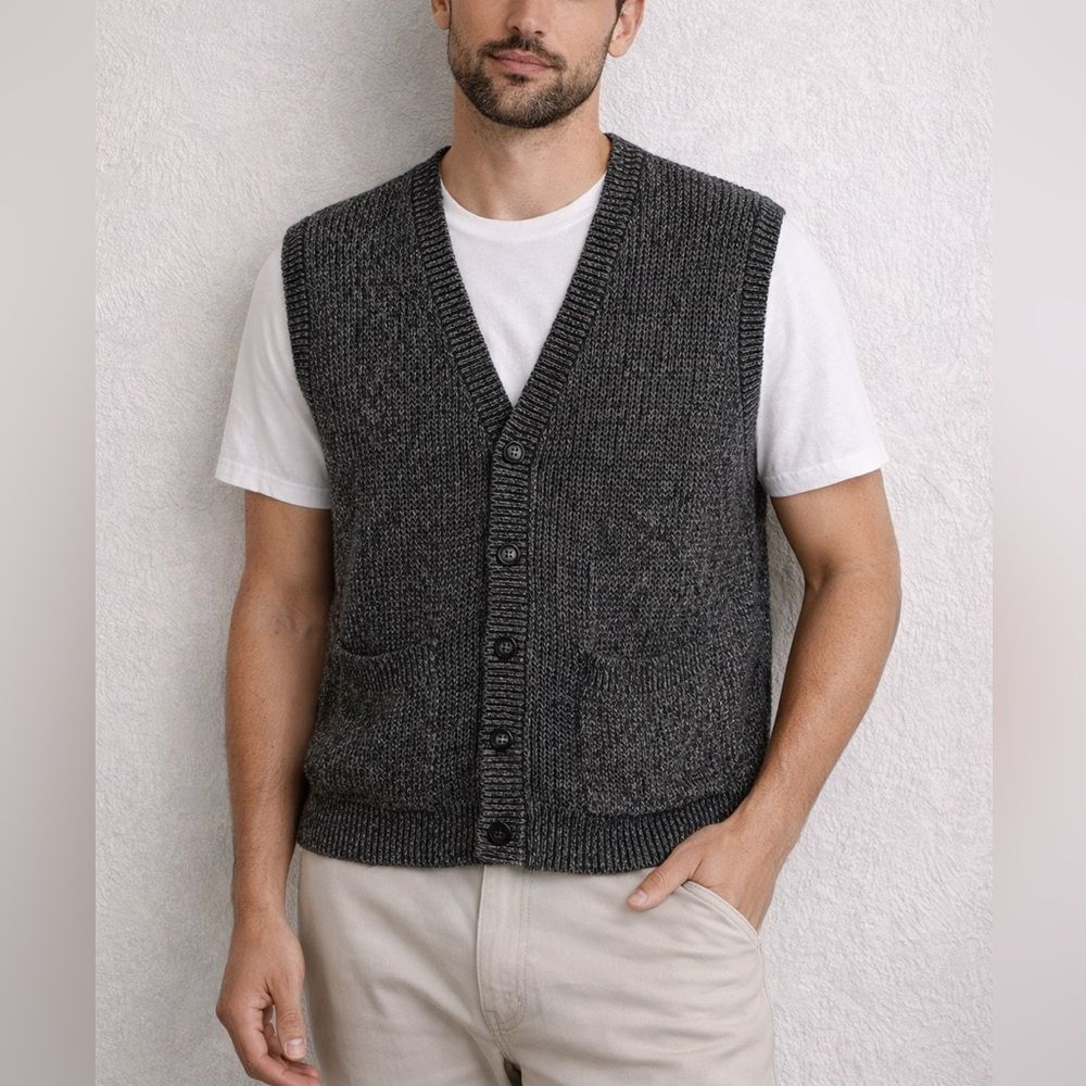 Vintage Summa Silk Charcoal Knit Button Front Sweater Vest Size L